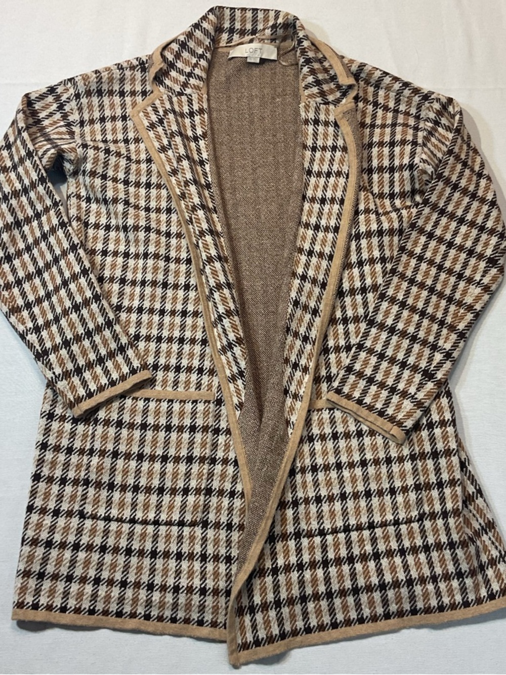 LOFT Plaid Cream Long Sleeve Open Sweater Blazer Cardigan Size XS by Ann Taylor